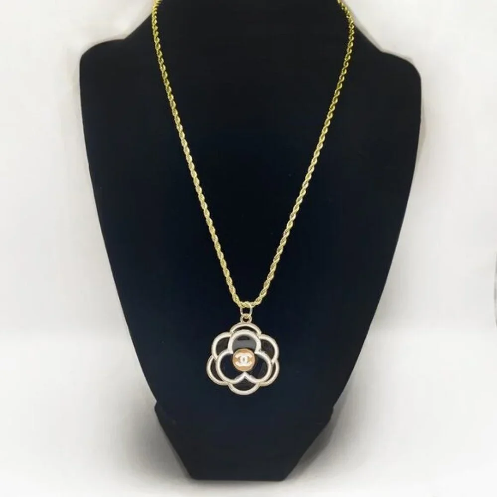CHANEL CC Charm Pendant Camellia Black on Necklace Gold Plated Chain - Picture 2 of 10